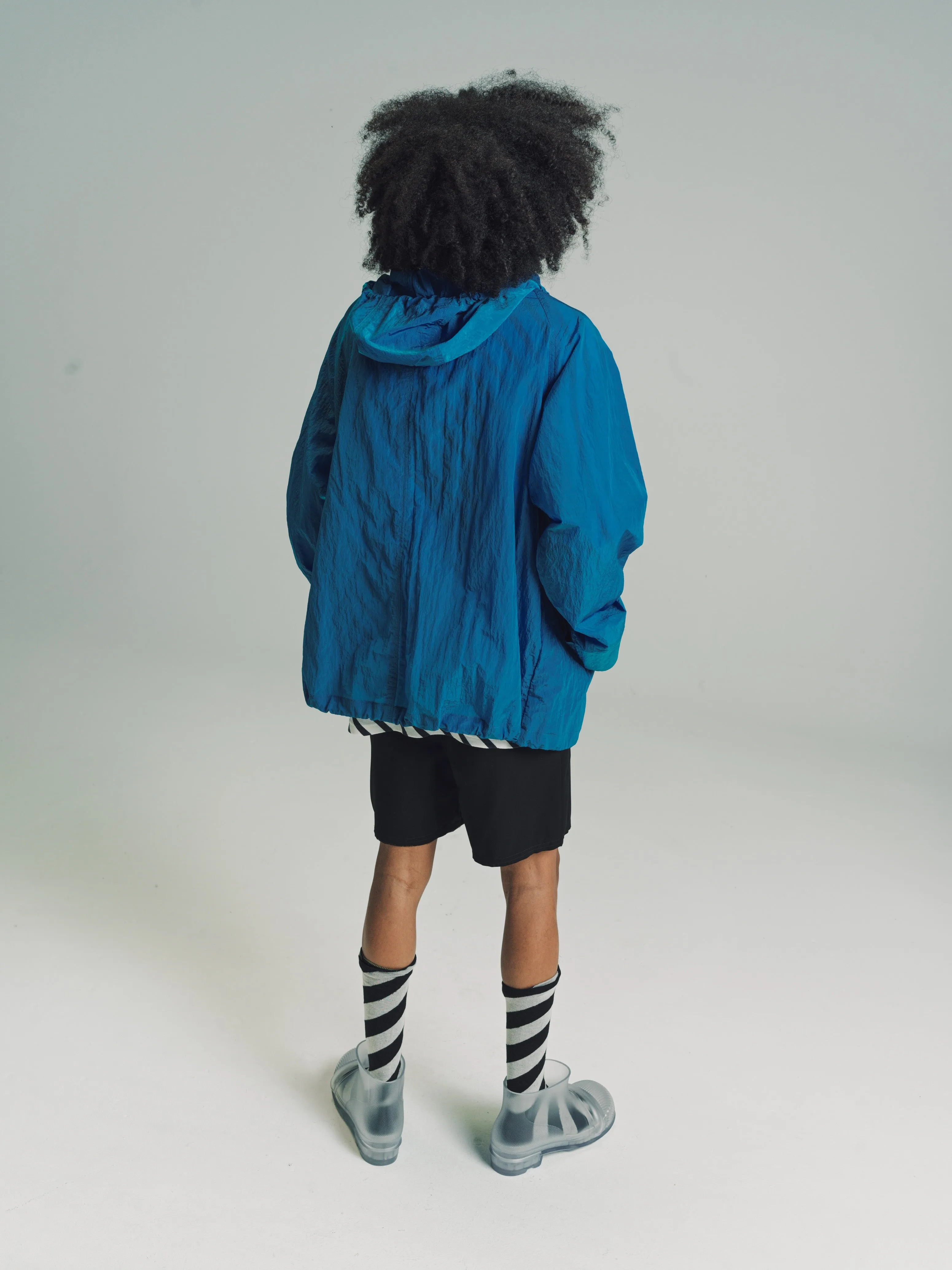 Dark Teal Blue Textured Nylon Hooded Parka