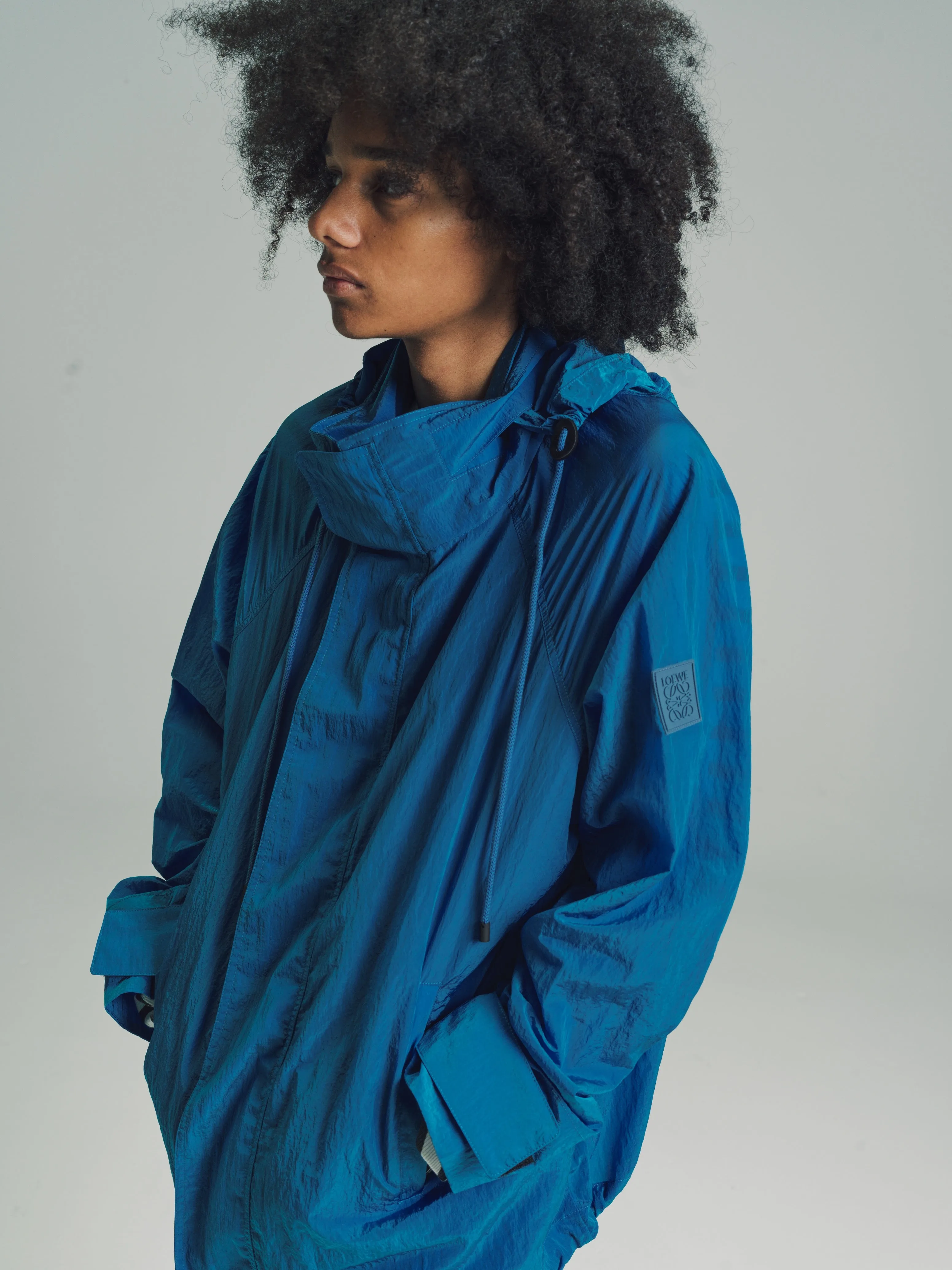 Dark Teal Blue Textured Nylon Hooded Parka