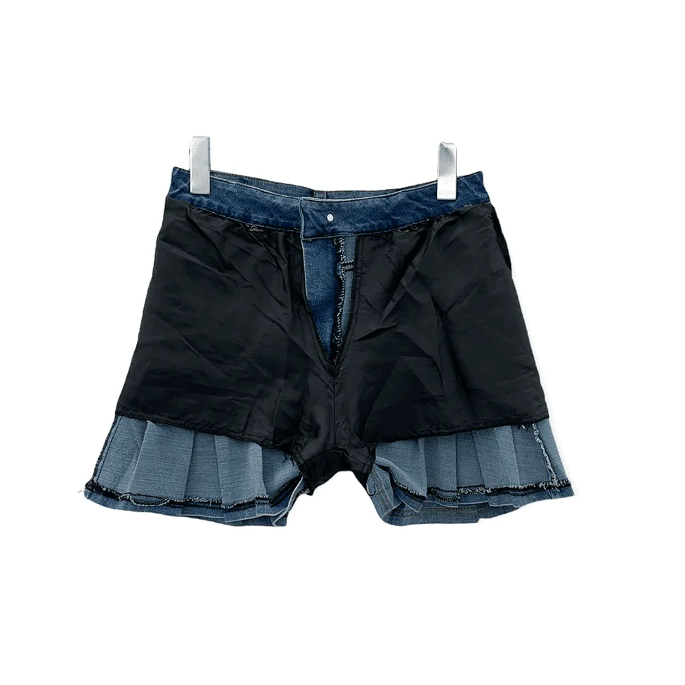 Denim Hem Pleated Mini Skirt