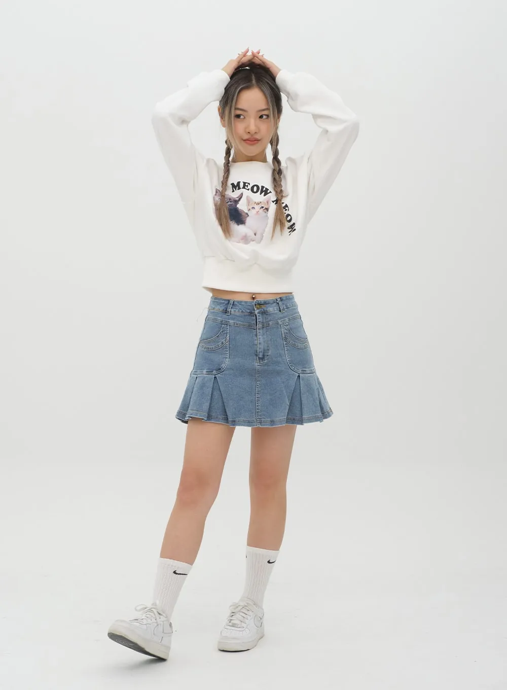 Denim Hem Pleated Mini Skirt