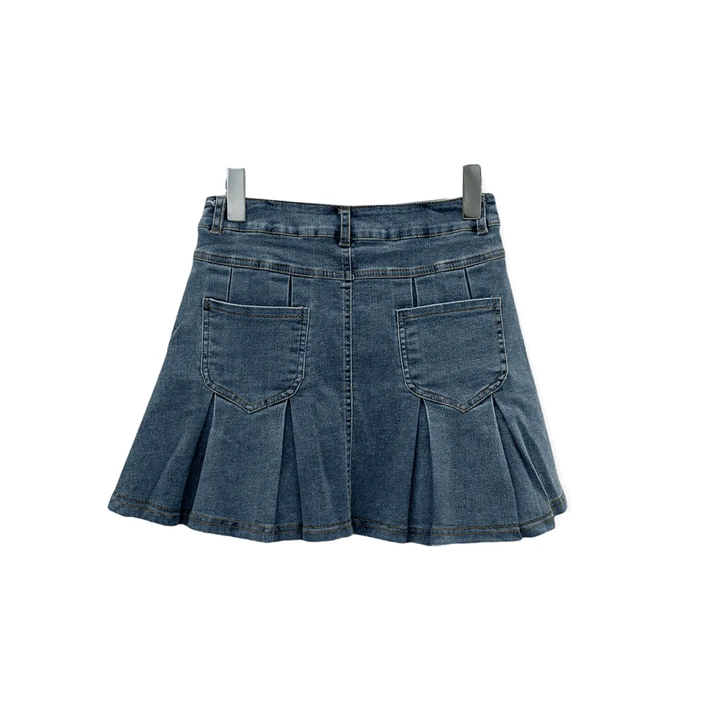 Denim Hem Pleated Mini Skirt