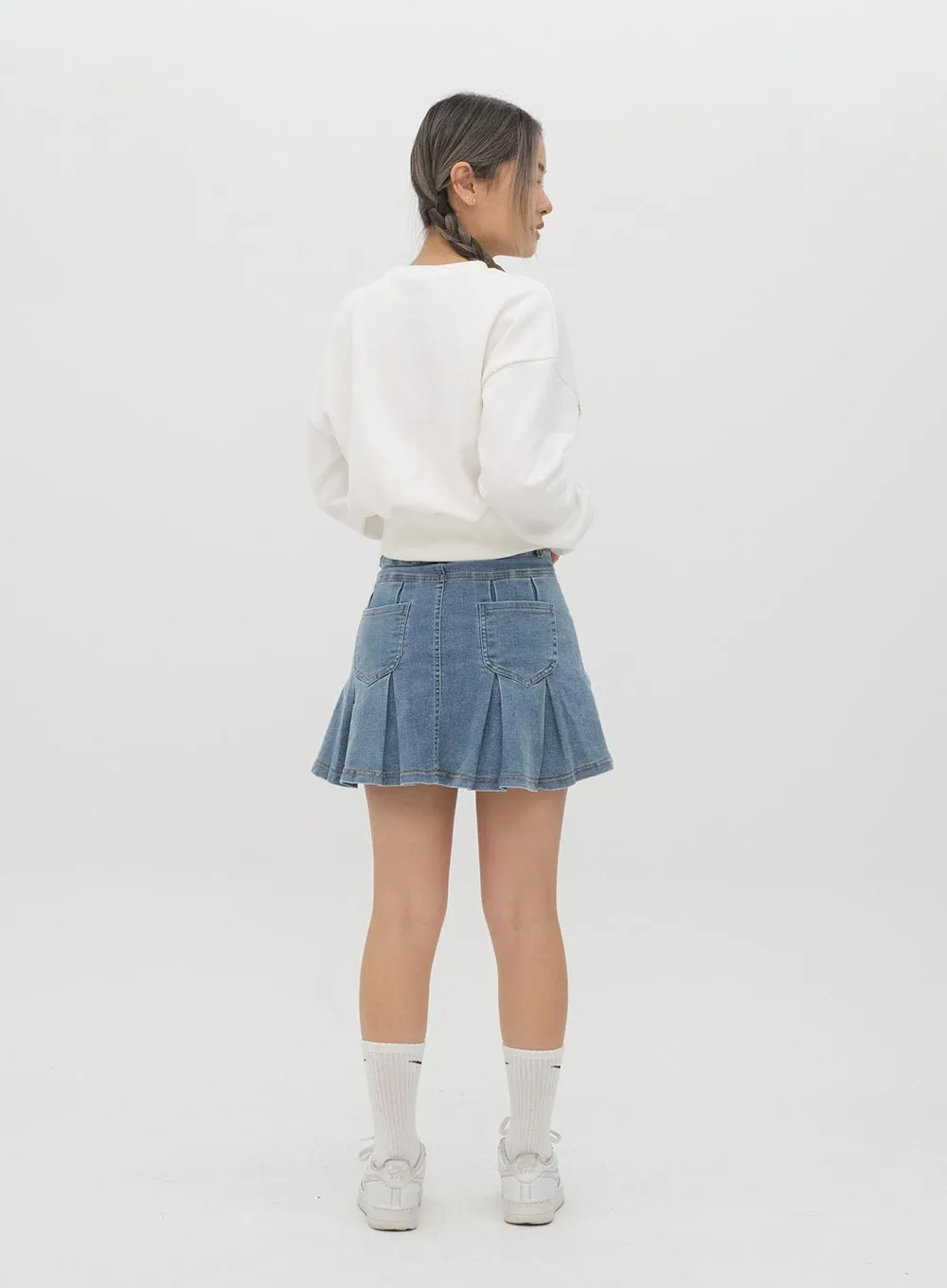 Denim Hem Pleated Mini Skirt