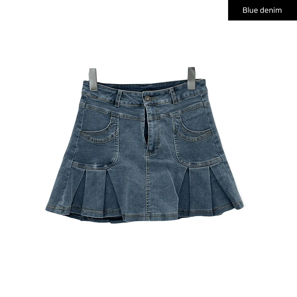 Denim Hem Pleated Mini Skirt