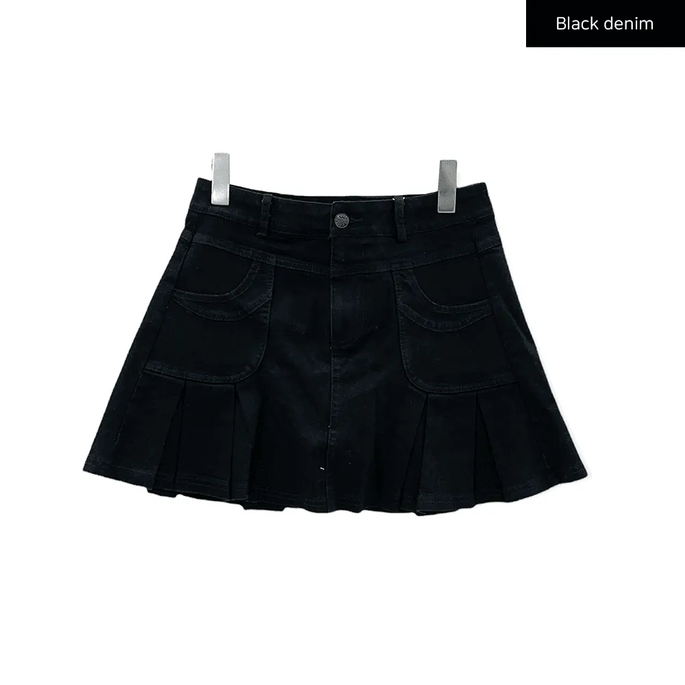 Denim Hem Pleated Mini Skirt