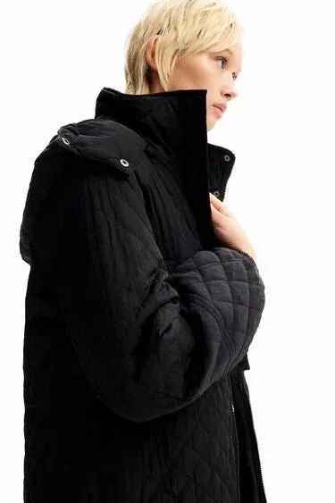 Desigual Long Quilted Overcoat - Black