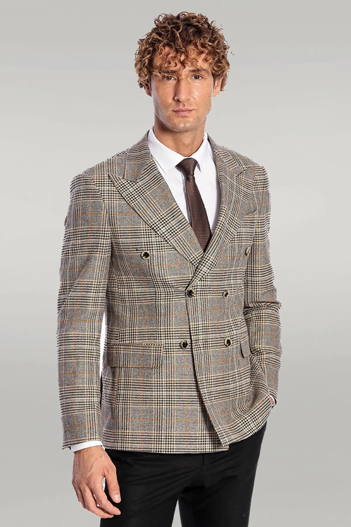 Double Breasted Checked Grey Men Blazer - Wessi