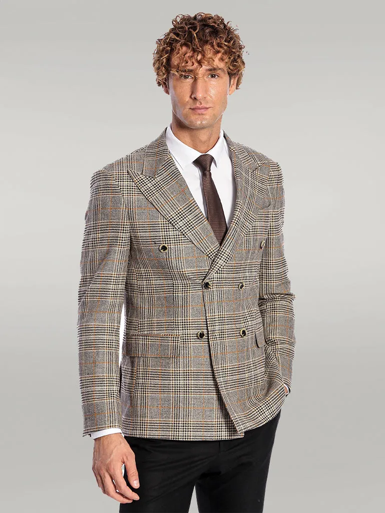 Double Breasted Checked Grey Men Blazer - Wessi