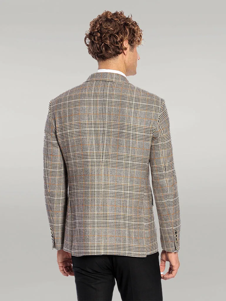 Double Breasted Checked Grey Men Blazer - Wessi