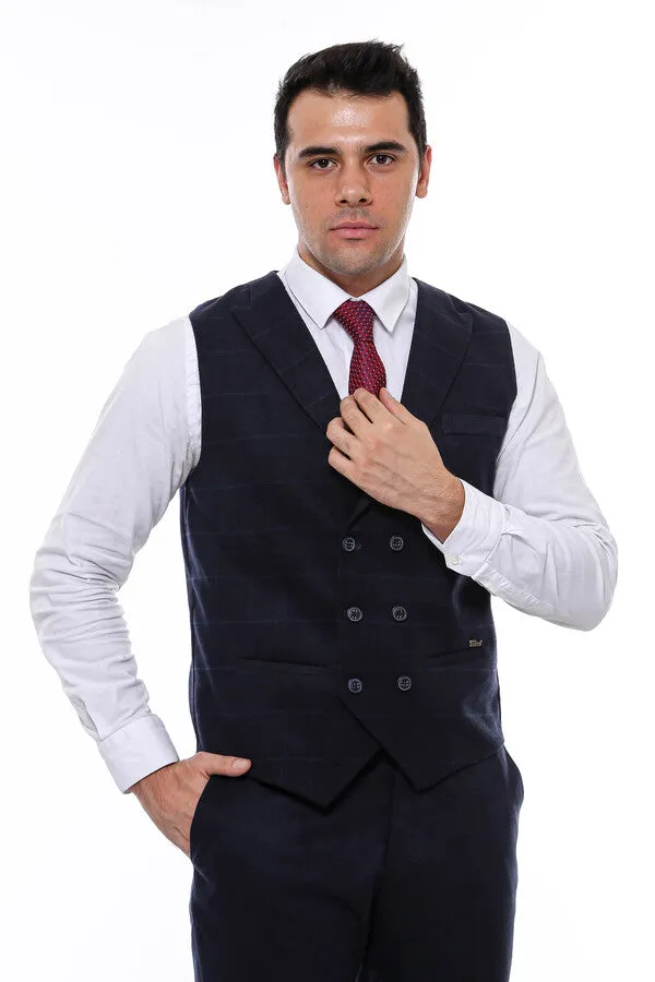 Double Breasted Plaid Navy Blue Men's Vest - Wessi