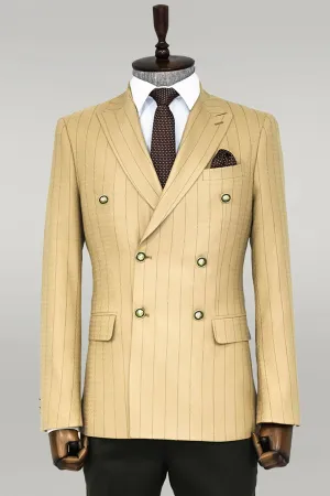 Double Breasted Slim Fit Striped Cream Men Blazer - Wessi