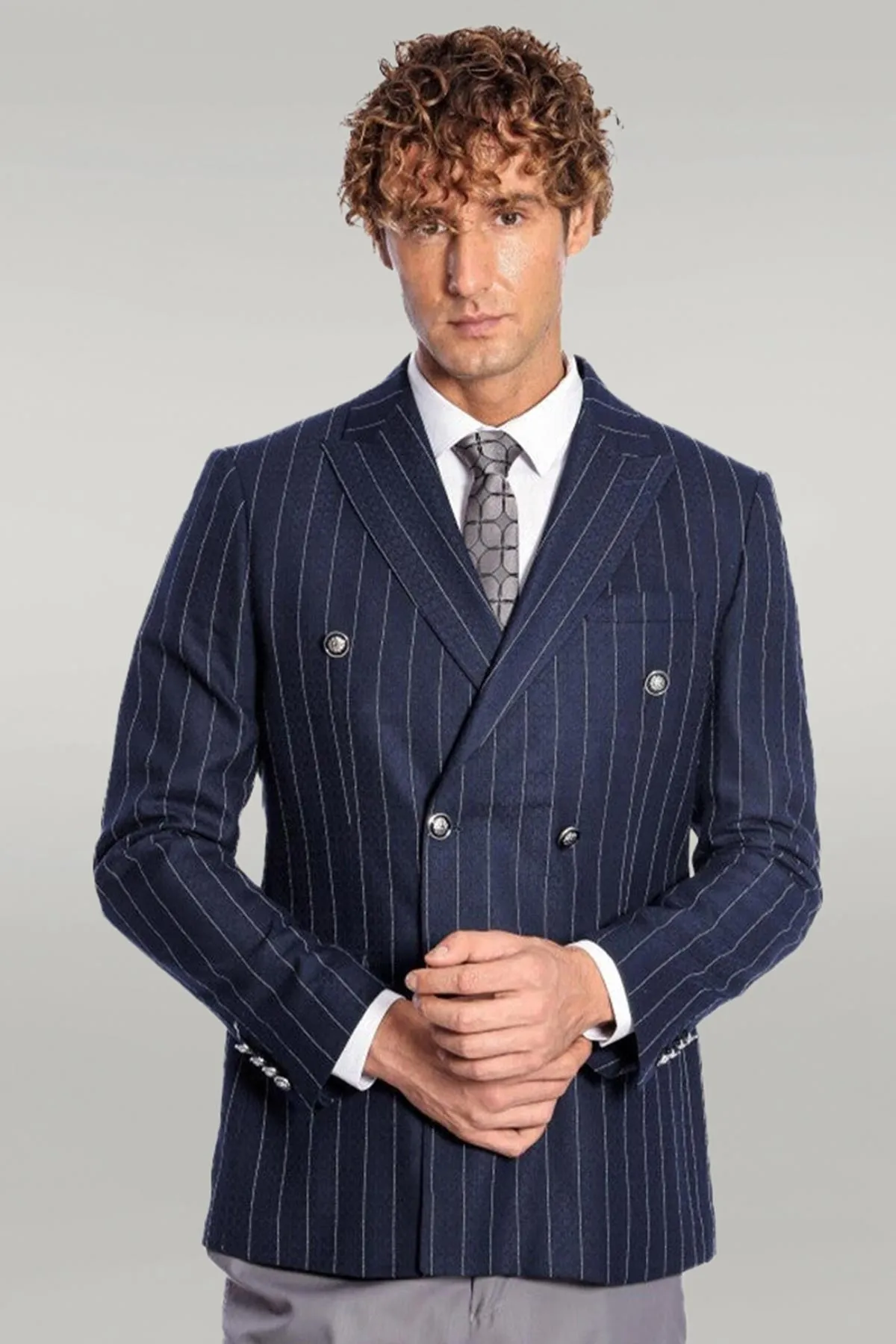 Double Breasted Slim Fit Striped Navy Blue Men Blazer - Wessi