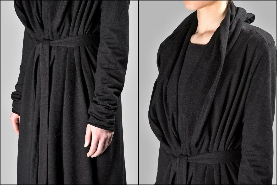 Draped Women's BLACK Long Overlong Oversized Hooded Belted CARDIGAN / Shawl Cardigan