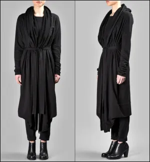 Draped Women's BLACK Long Overlong Oversized Hooded Belted CARDIGAN / Shawl Cardigan