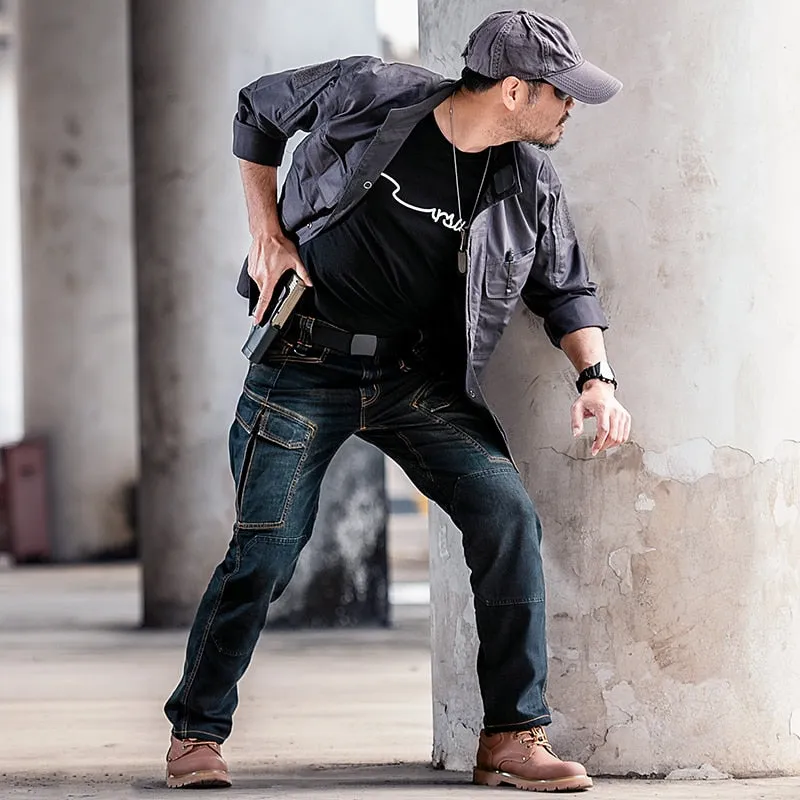 Elastic Waist Men Classic Blue Cargo Jeans