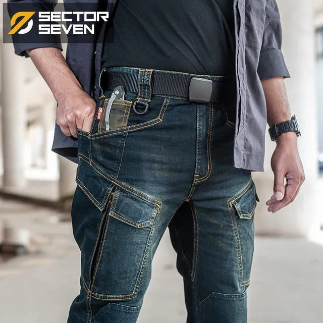 Elastic Waist Men Classic Blue Cargo Jeans