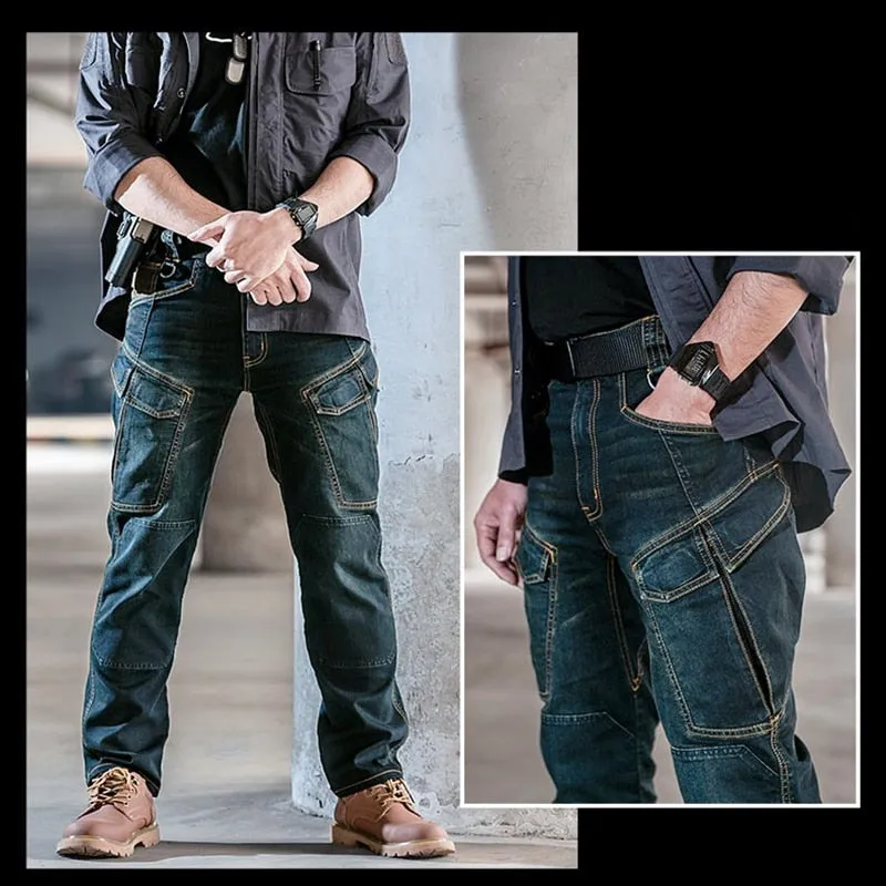 Elastic Waist Men Classic Blue Cargo Jeans