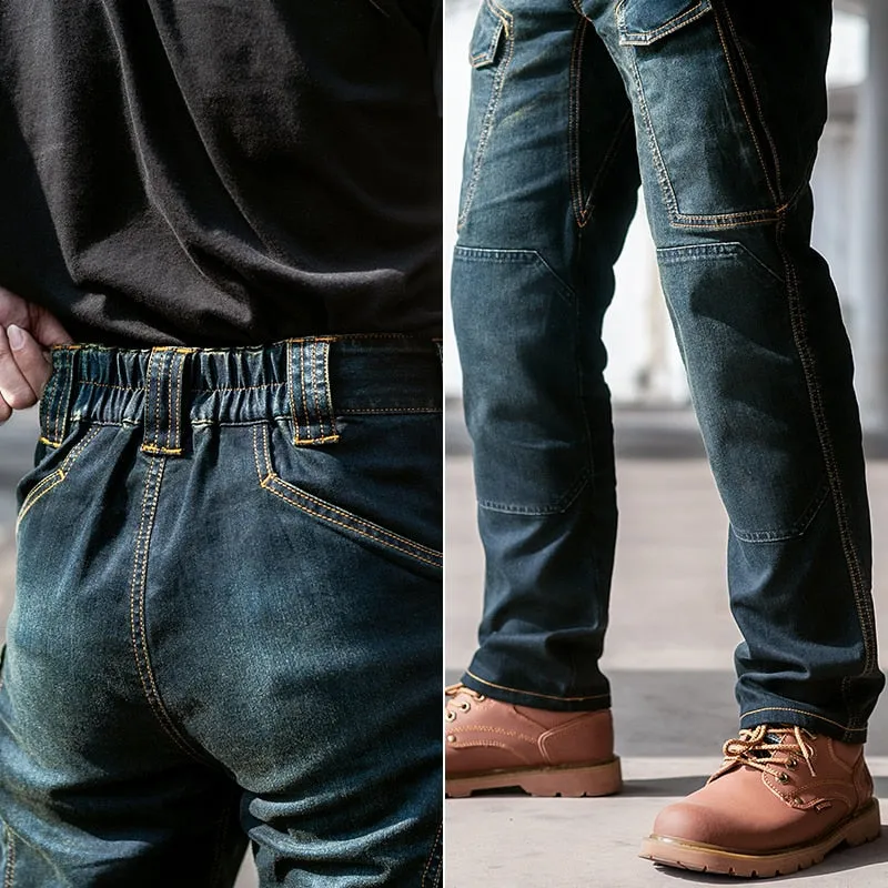 Elastic Waist Men Classic Blue Cargo Jeans