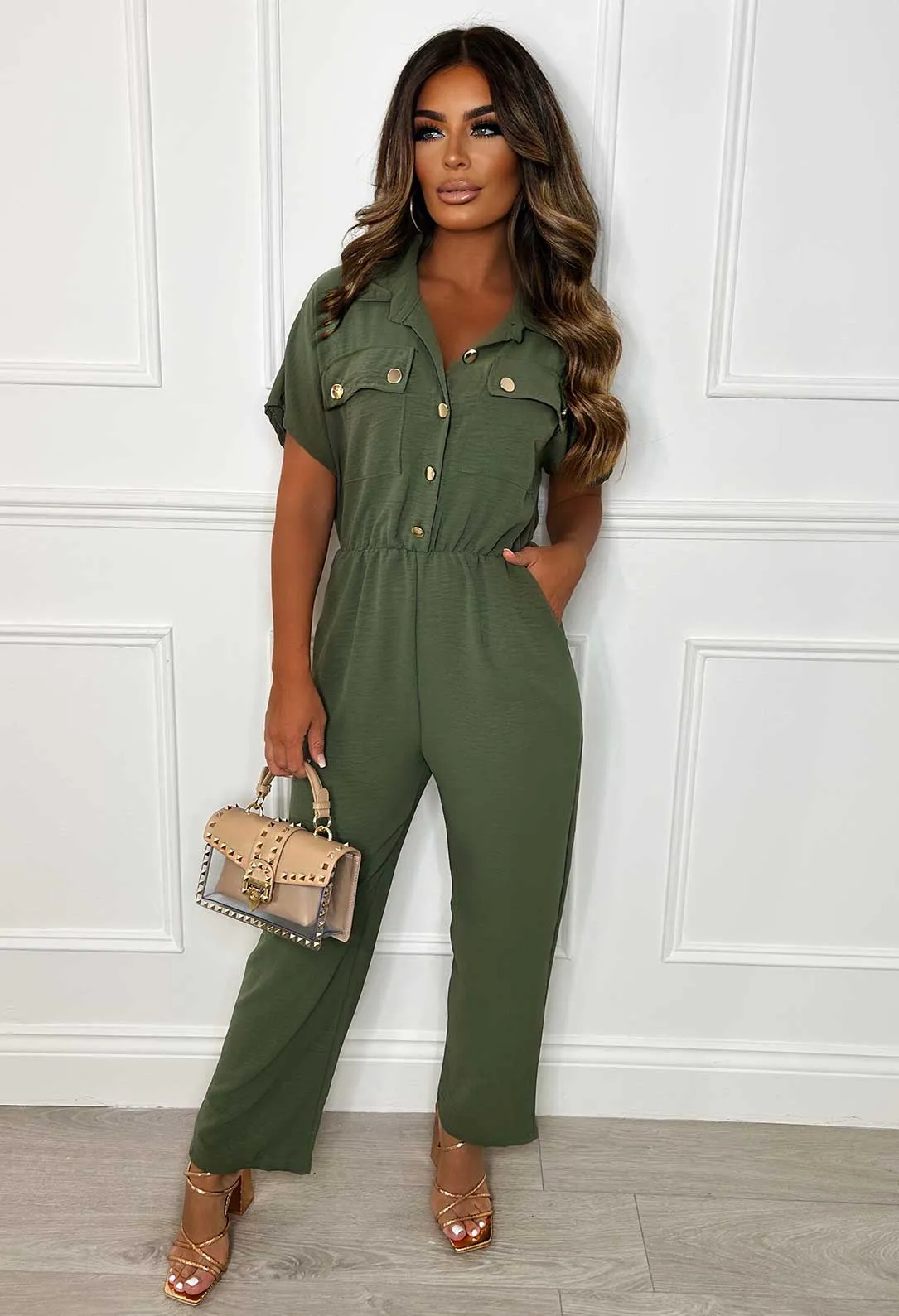 Elegant Babes Khaki Button Detail Jumpsuit