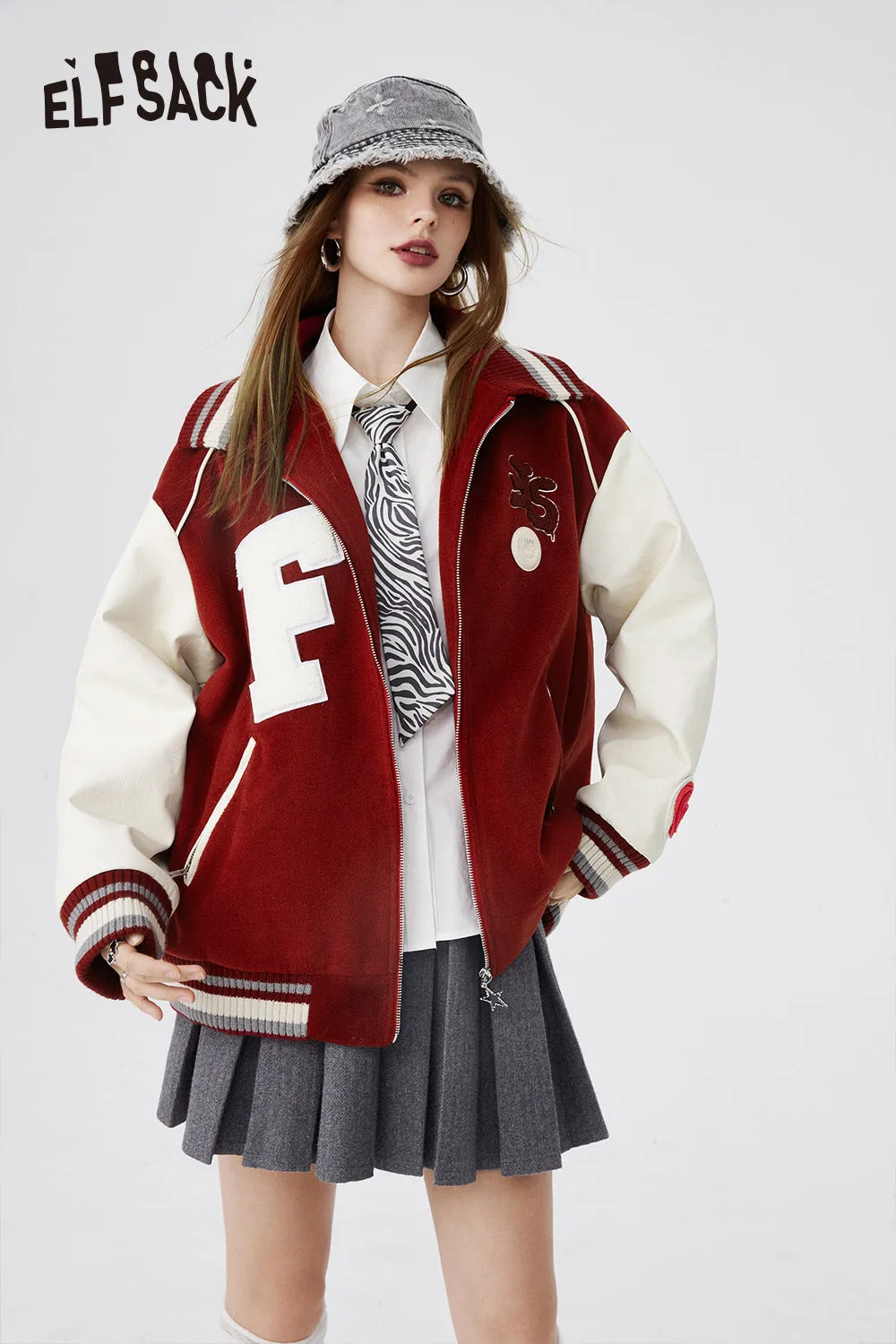 ELFSACK American Trend Stitching Baseball Uniform Youth Embroidered Loose Jacket for Women Letter Striped Collar Windproof Outfit