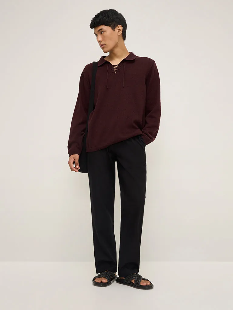 ETA Burgundy Criss-Cross Detailed Relaxed-Fit Sweater