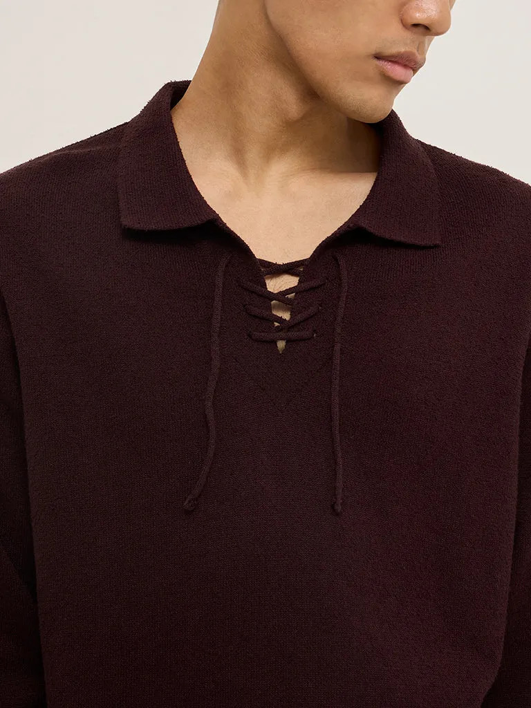 ETA Burgundy Criss-Cross Detailed Relaxed-Fit Sweater