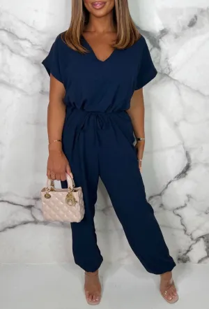 Everyday Elegance Navy Elasticated Hem Belted Jumpsuit