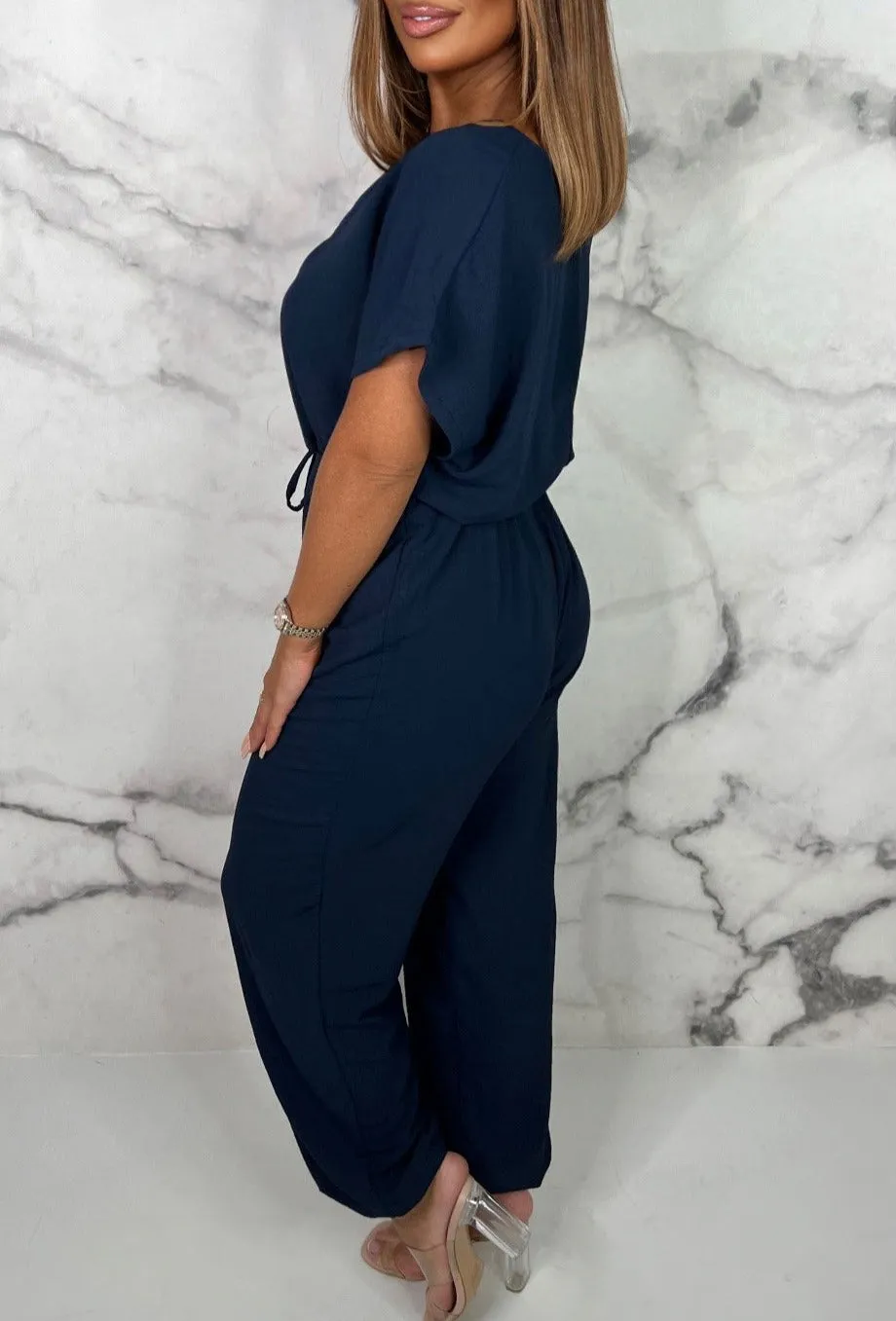 Everyday Elegance Navy Elasticated Hem Belted Jumpsuit