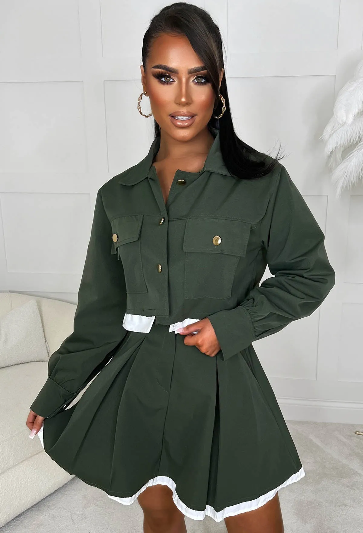 Fashionista Babe Khaki Cargo Pleated Skirt Co-Ord Set