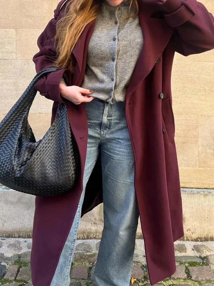 Fashionkova Christmas Gift Outfit Elegant Burgundy Lady Lapel Collar Long Jacket Fashion Solid Color Belt Double Breasted Overcoat 2024 New Woman High Street Wear