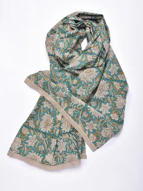 Fern Green Floral Block Print Cotton Stole