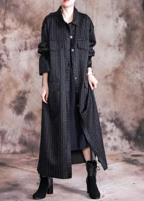 fine black woolen overcoat oversize Coats fall women coats striped