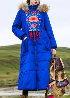 Fine plus size womens parka embroidery overcoat blue hooded goose Down coat