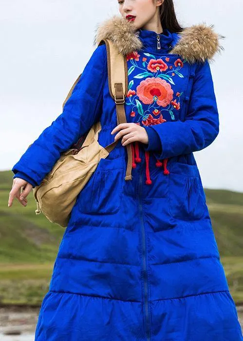 Fine plus size womens parka embroidery overcoat blue hooded goose Down coat