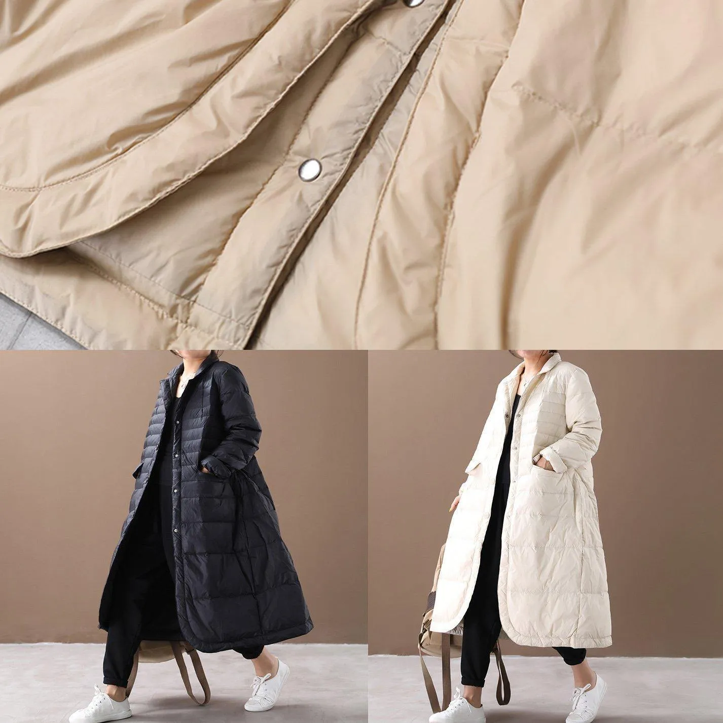 Fine trendy plus size womens parka coats black Notched pockets goose Down coat