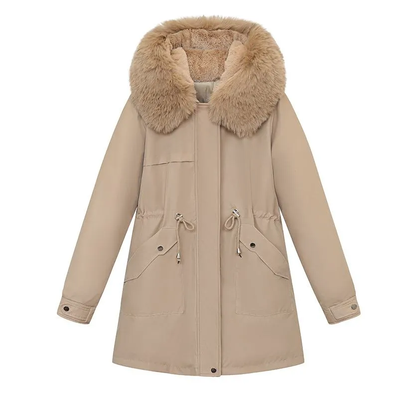 Fleece-Lined Faux Fur Collar Detachable Hooded Parka