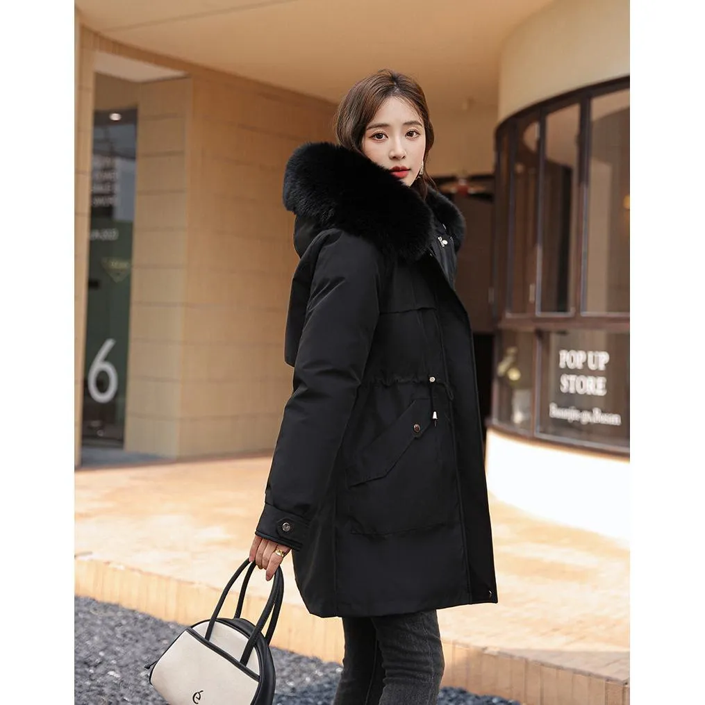 Fleece-Lined Faux Fur Collar Detachable Hooded Parka