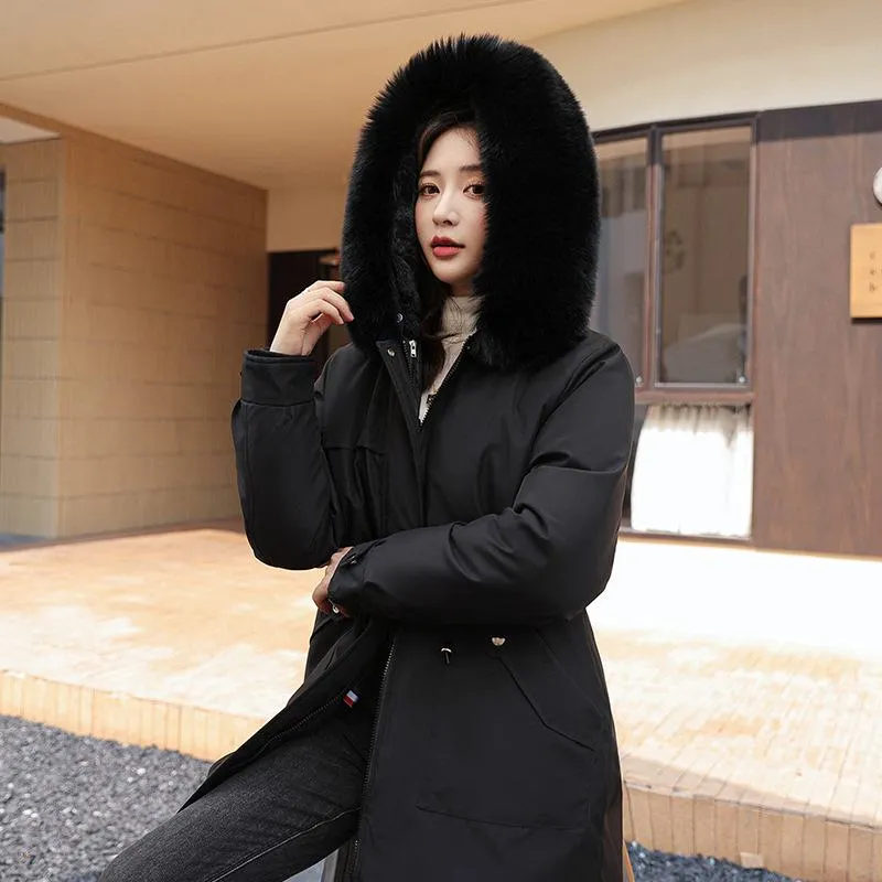 Fleece-Lined Faux Fur Collar Detachable Hooded Parka