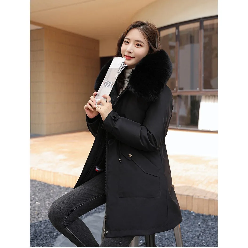 Fleece-Lined Faux Fur Collar Detachable Hooded Parka