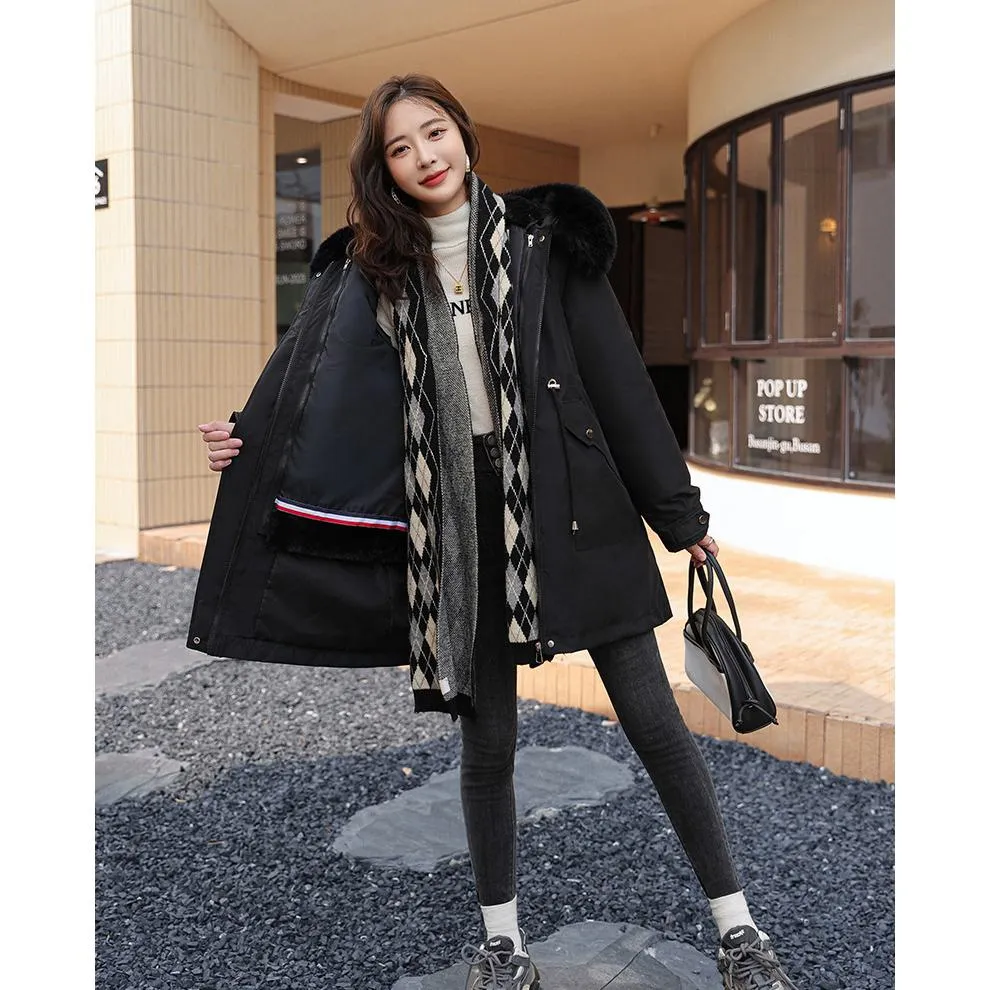 Fleece-Lined Faux Fur Collar Detachable Hooded Parka