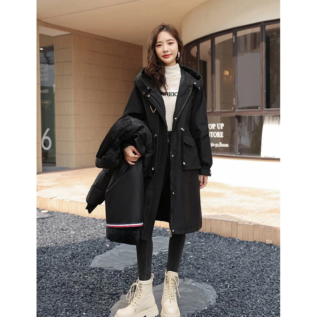 Fleece-Lined Faux Fur Collar Detachable Hooded Parka