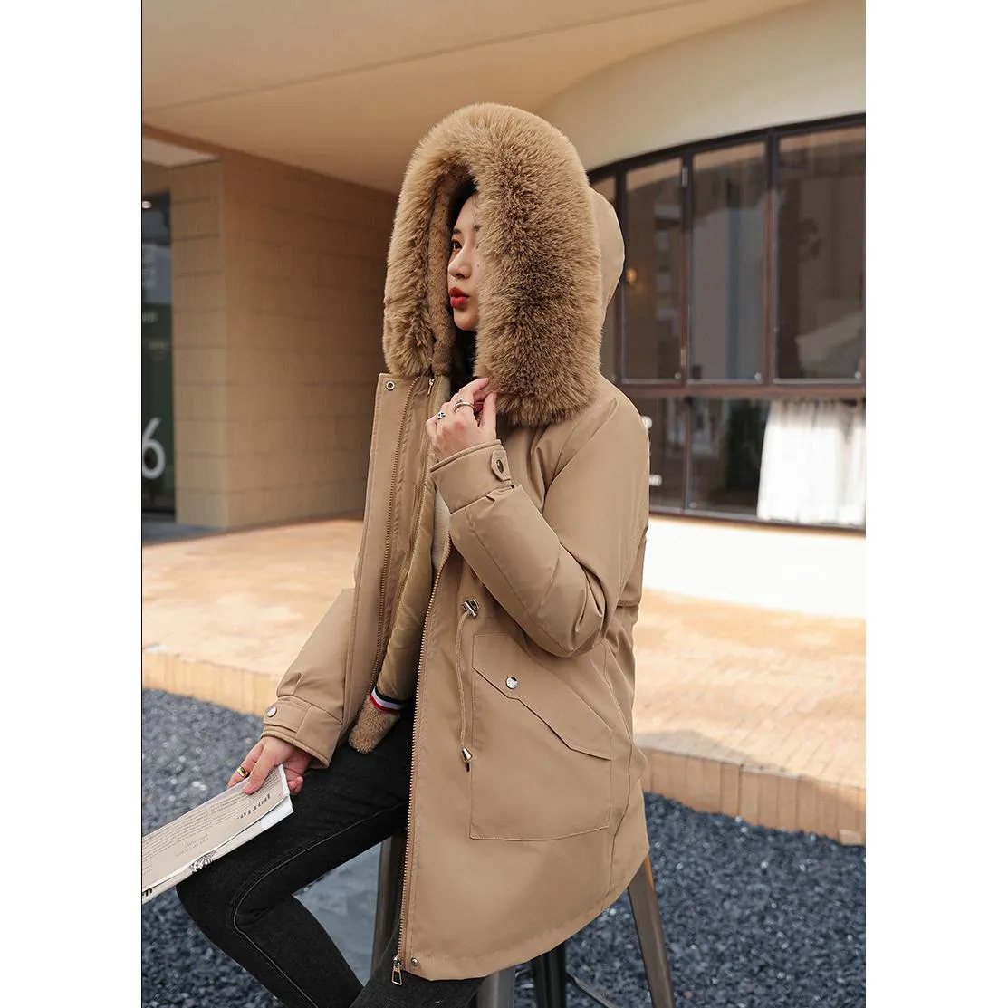 Fleece-Lined Faux Fur Collar Detachable Hooded Parka