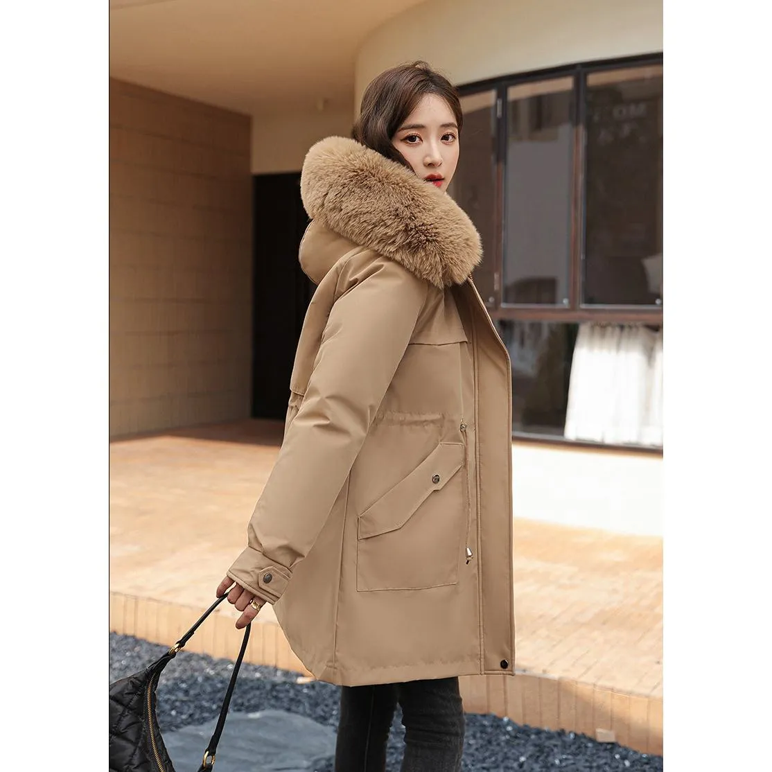 Fleece-Lined Faux Fur Collar Detachable Hooded Parka