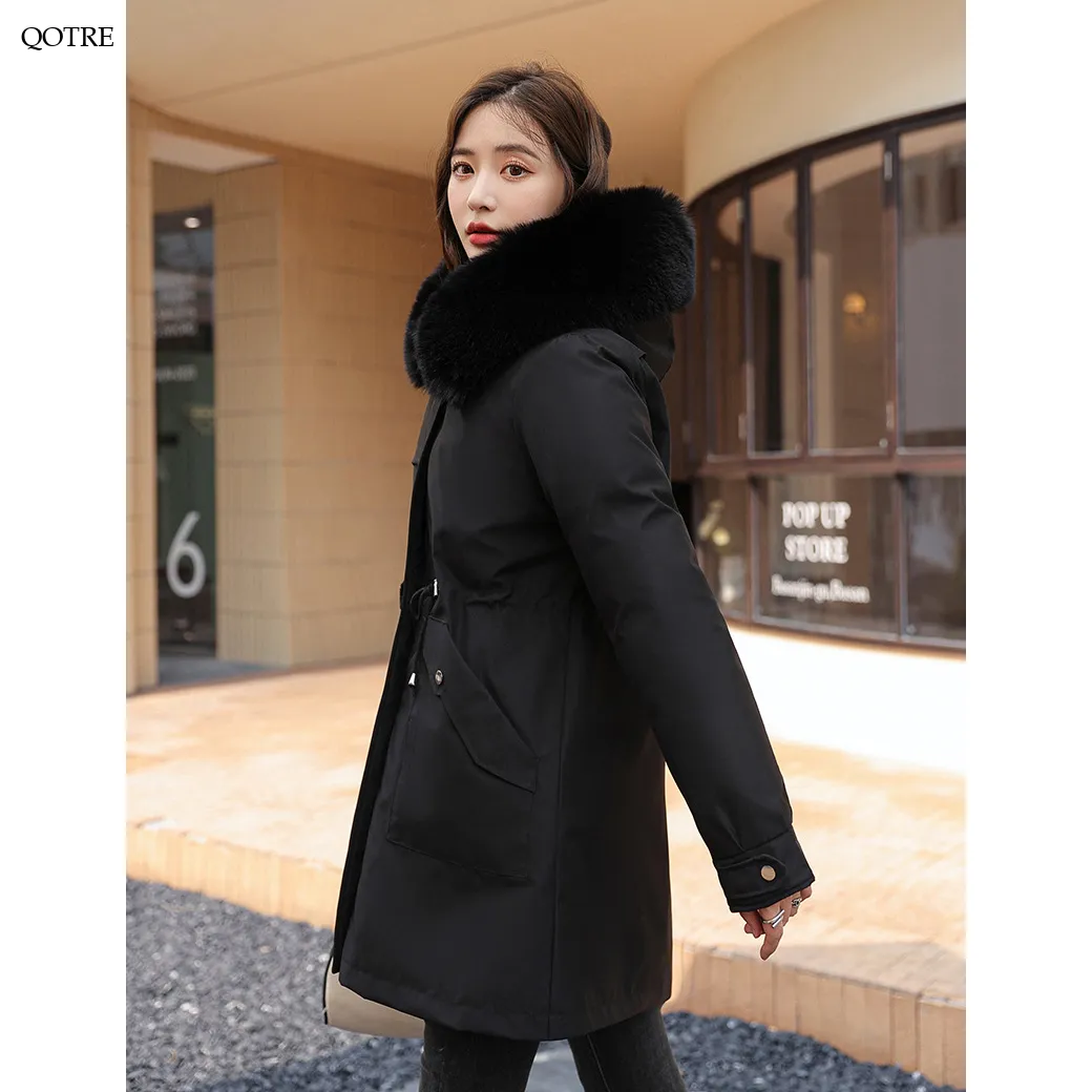 Fleece-Lined Faux Fur Collar Detachable Hooded Parka