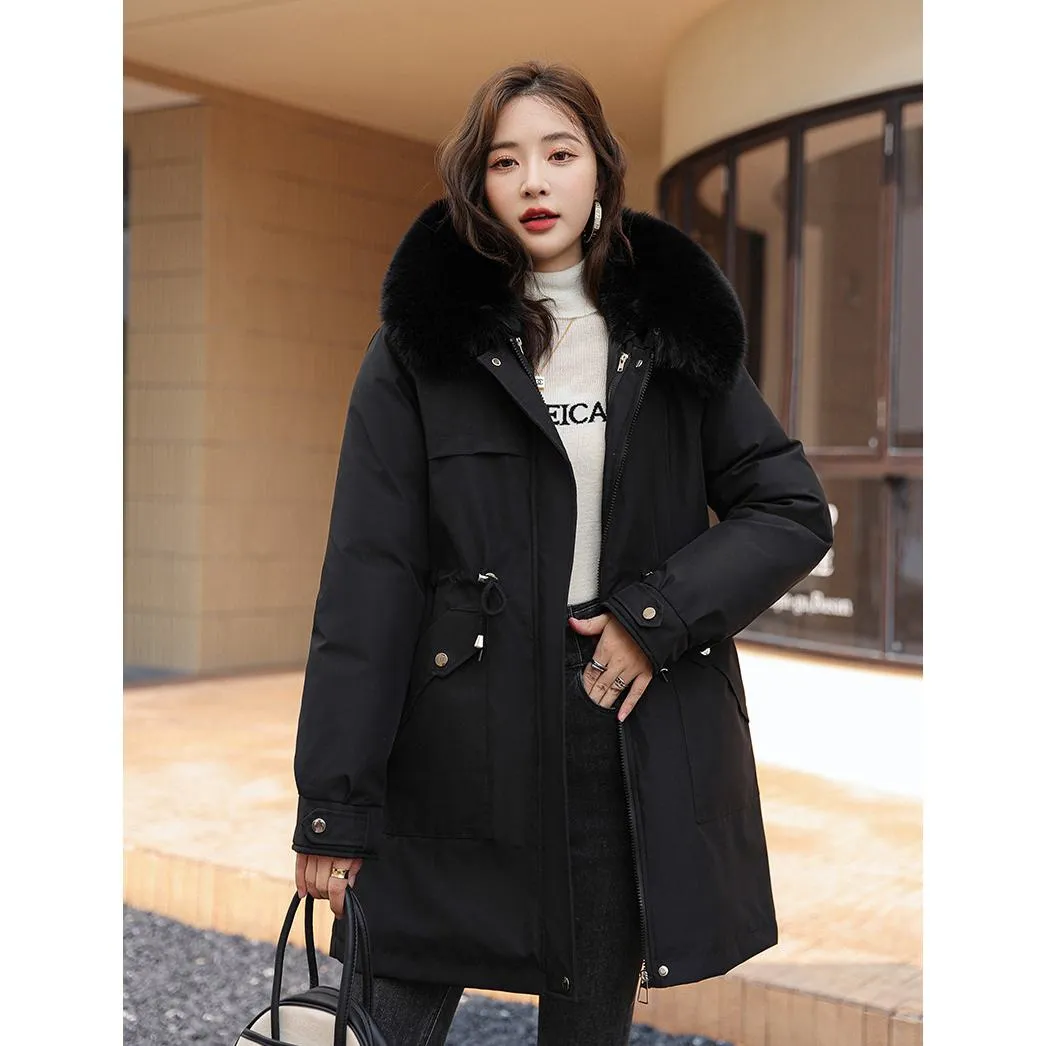 Fleece-Lined Faux Fur Collar Detachable Hooded Parka