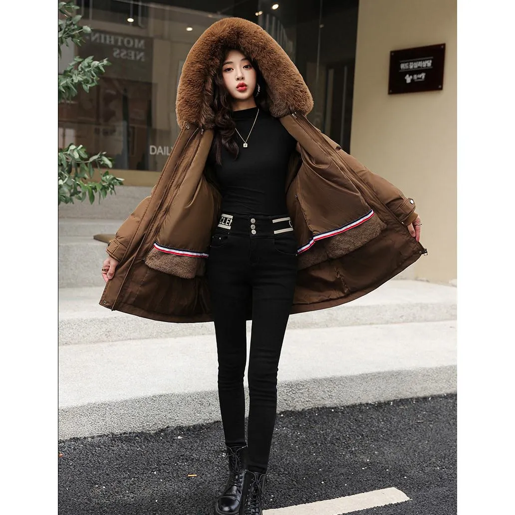 Fleece-Lined Faux Fur Collar Detachable Hooded Parka