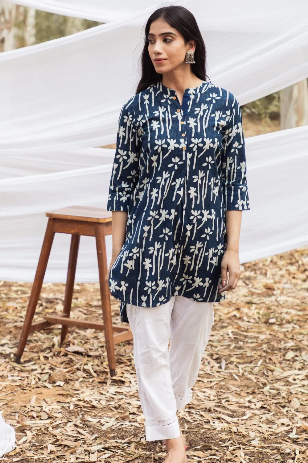 Floral Handblock Indigo Short Samiya Kurta with White Pant - Set of 2