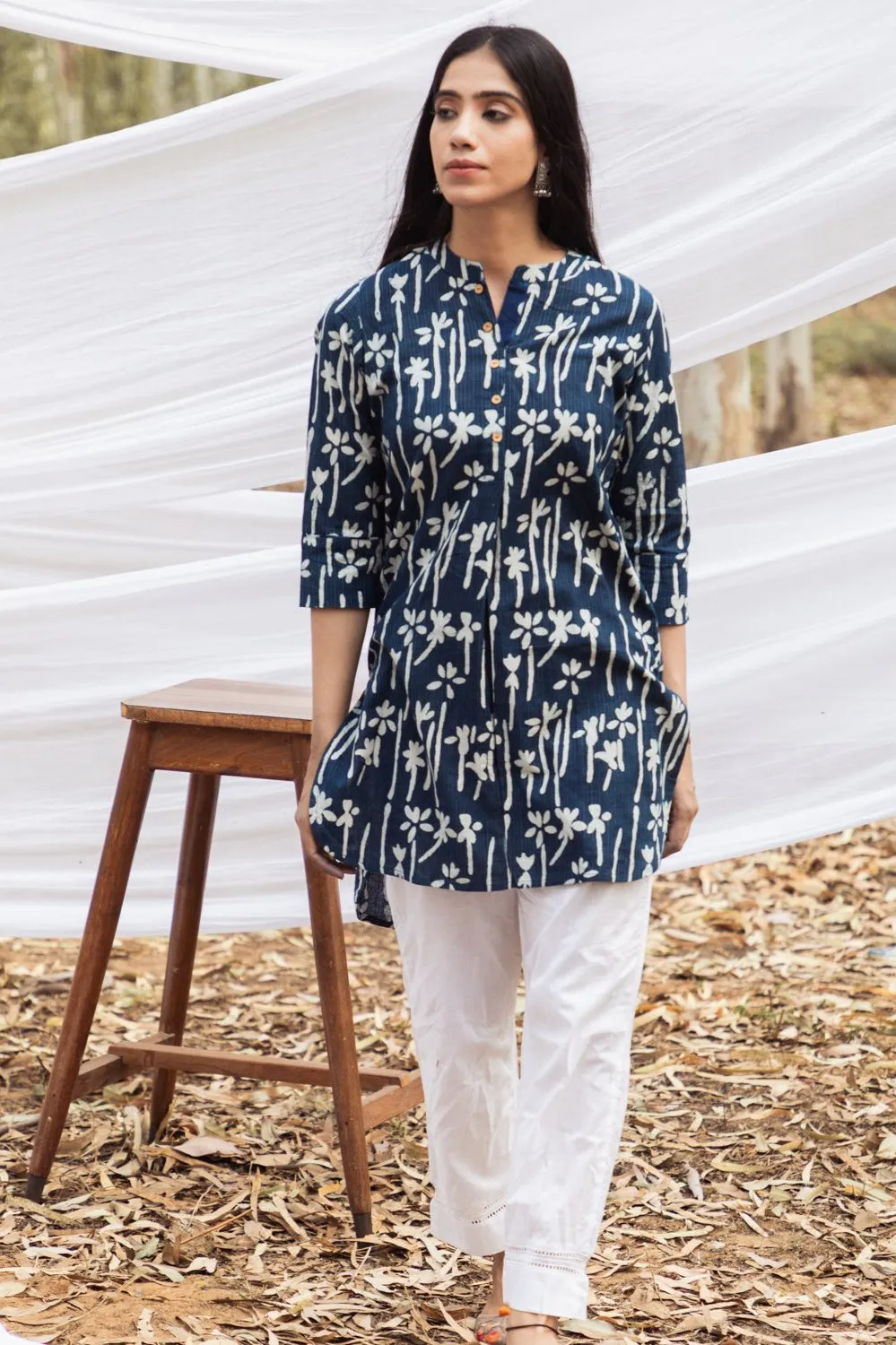 Floral Handblock Indigo Short Samiya Kurta with White Pant - Set of 2