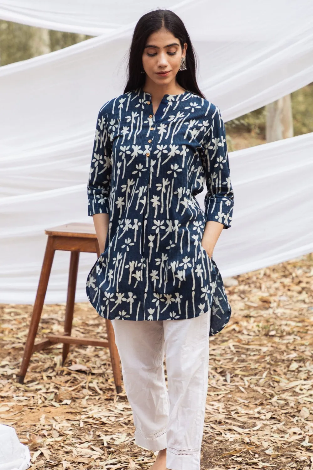 Floral Handblock Indigo Short Samiya Kurta with White Pant - Set of 2