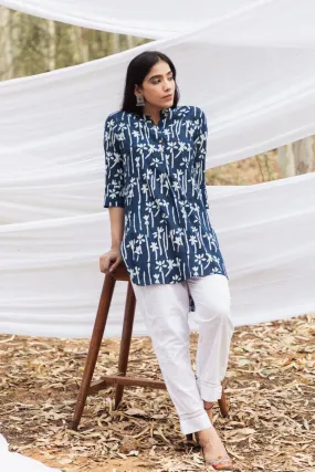 Floral Handblock Indigo Short Samiya Kurta with White Pant - Set of 2