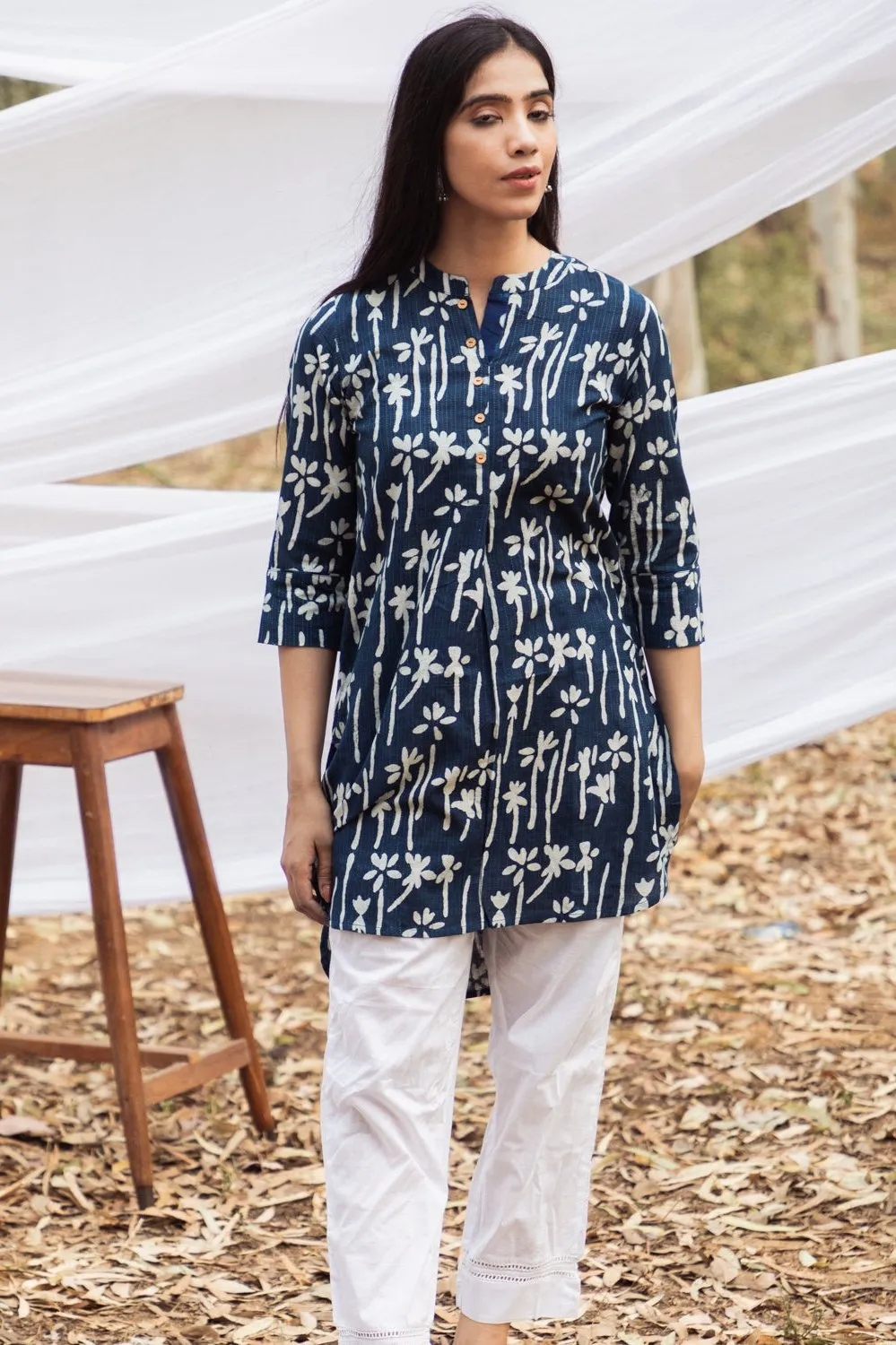 Floral Handblock Indigo Short Samiya Kurta with White Pant - Set of 2